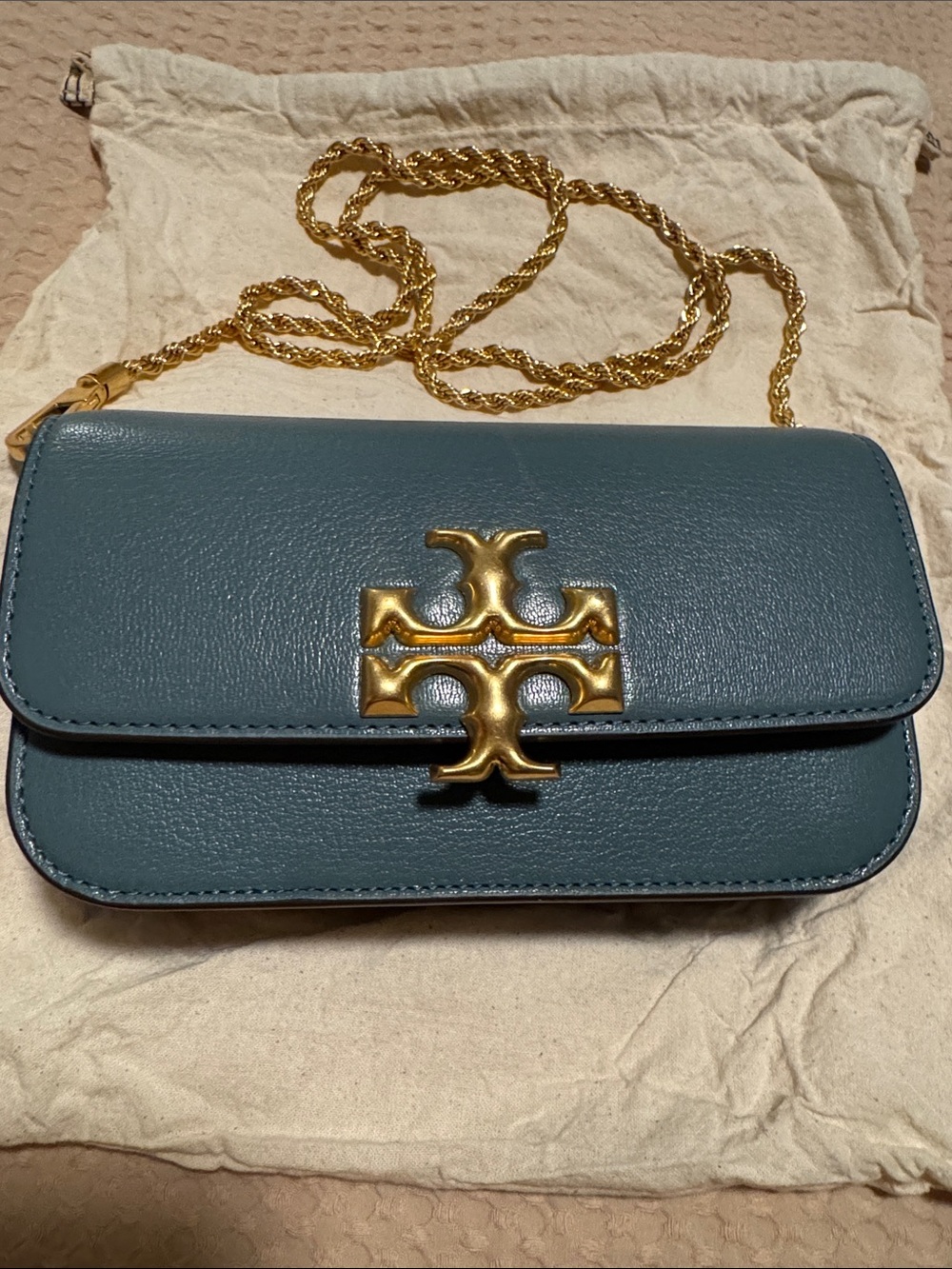 Tory Burch Teal Leather Chain Crossbody with Gold Logo